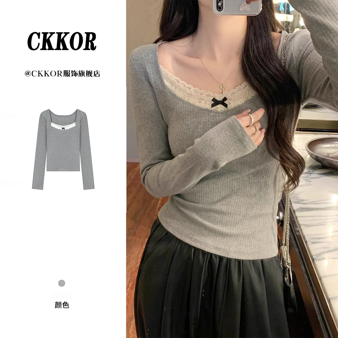 CKKOR春秋新款韩系纯欲风修身显瘦长袖t恤女方领拼接蕾丝内搭上衣