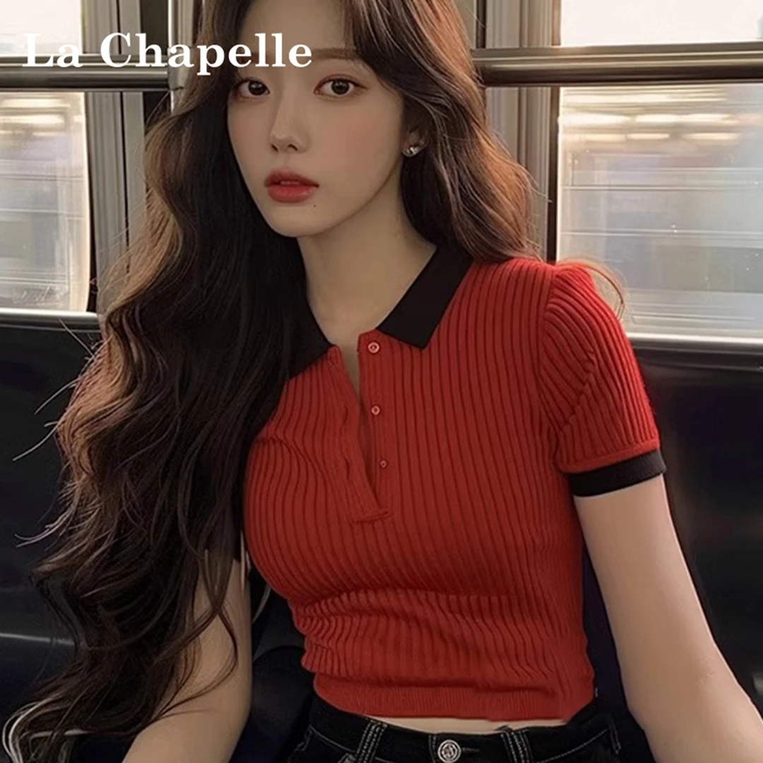 拉夏贝尔紧身短袖t恤流行小众设计红色Polo领针织衫上衣女装夏季