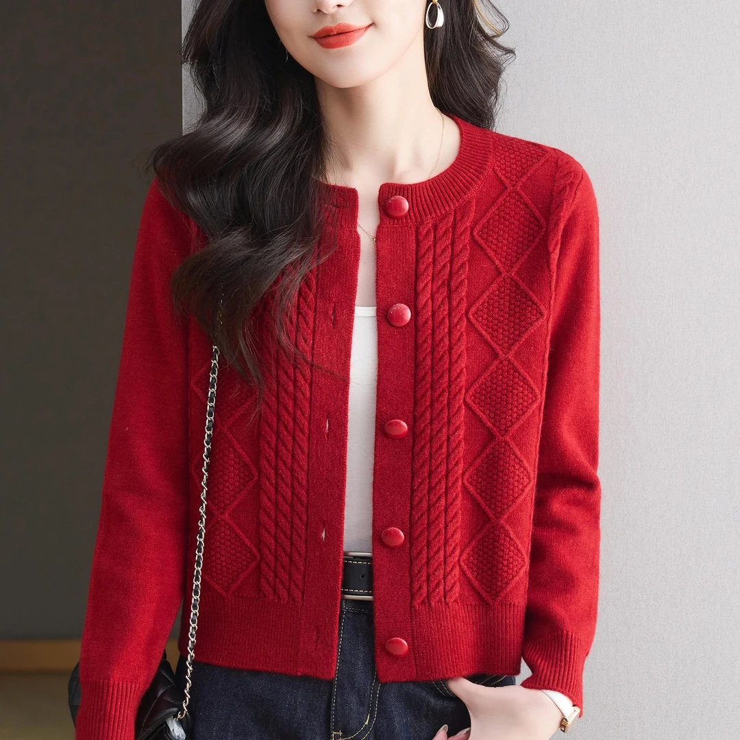 纯100羊绒衫2025春秋季新款女士开衫圆领洋气短款针织毛衣外套女