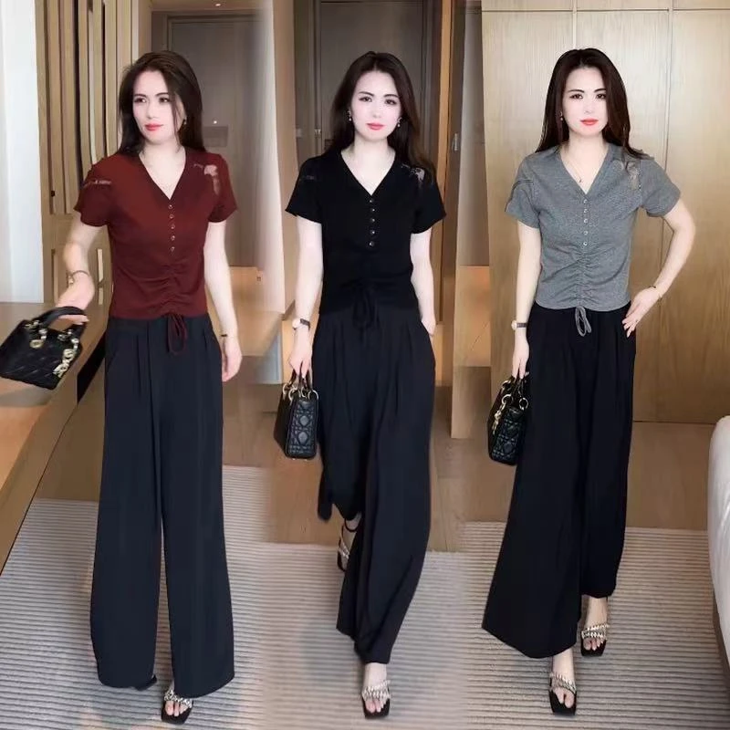 时尚洋气短袖T恤女2025夏季新款减龄显瘦v领抽绳蕾丝拼接百搭上衣