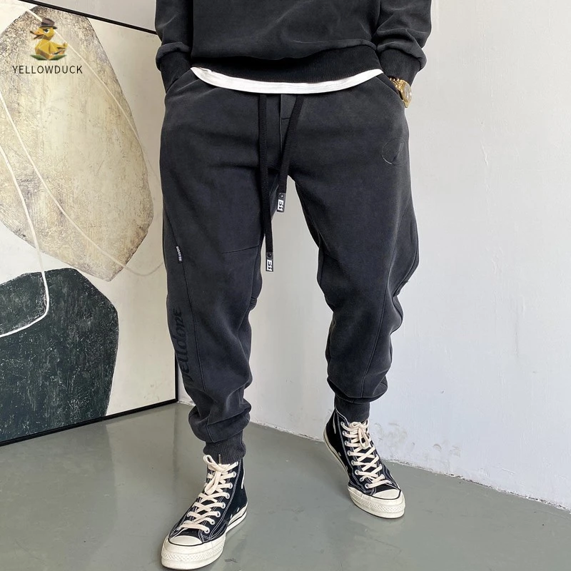 春秋季美式休闲痞帅重磅复古做旧黑色卫裤男宽松百搭运动束脚裤子