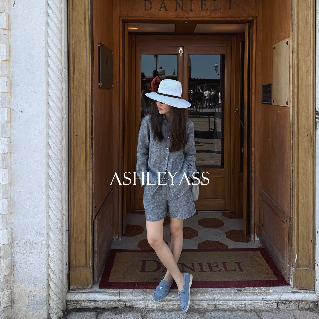 【ASHLEYASS】”度假系列“短裤 灰蓝色满分亚麻休闲短裤LSK250490C