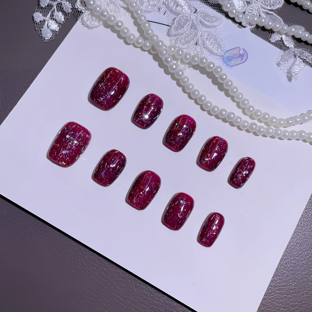 A1660『绛红片晶』显白爆闪碎钻极光不规则亮片纯手工制作穿戴甲