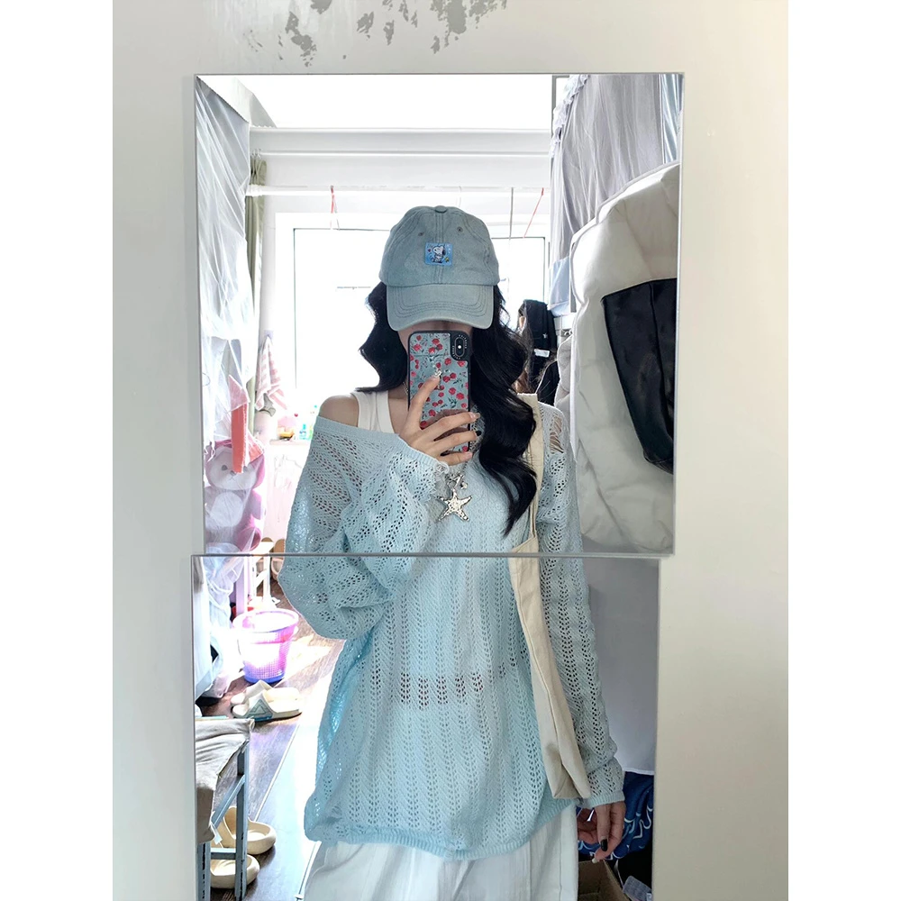 奶蓝色镂空破洞防晒针织衫女2025春季新款外搭罩衫空调衫上衣薄款