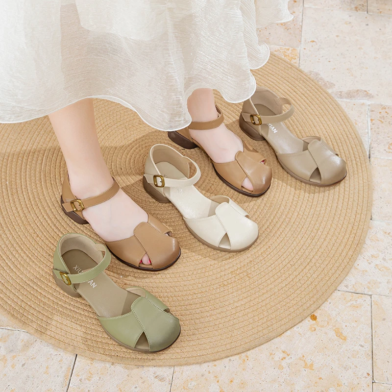 真皮软底凉鞋女时尚中跟露趾凉拖鞋夏季2025新款爆款防滑百搭女鞋