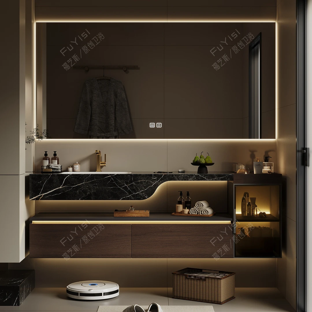 高端原创设计实木轻奢风一体盆浴室柜卫生间洗手台WP027