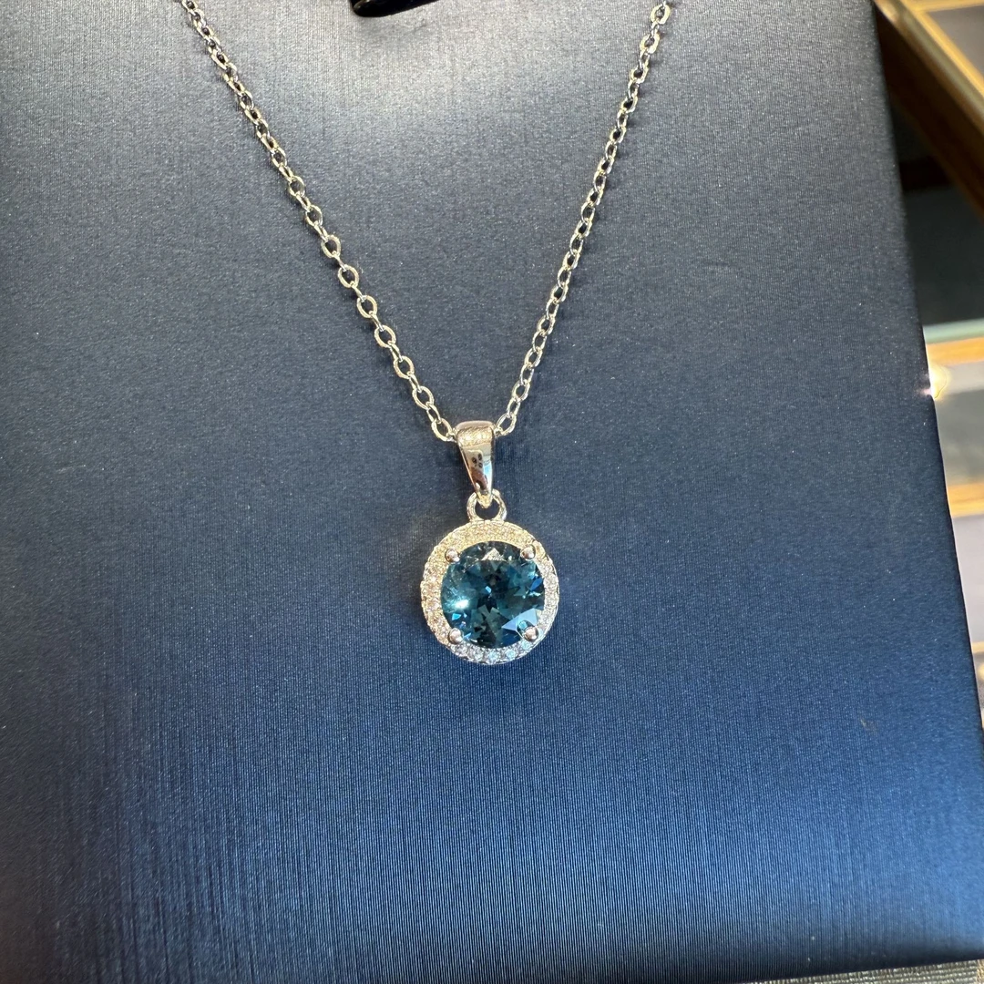 坠链均925银仿珍珠 海蓝拖趴石克拉项链