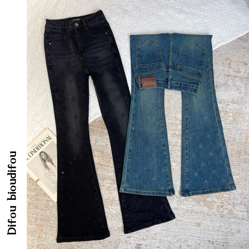 迪否镶钻微喇牛仔裤2025春秋加绒水洗高腰显瘦喇叭裤9033