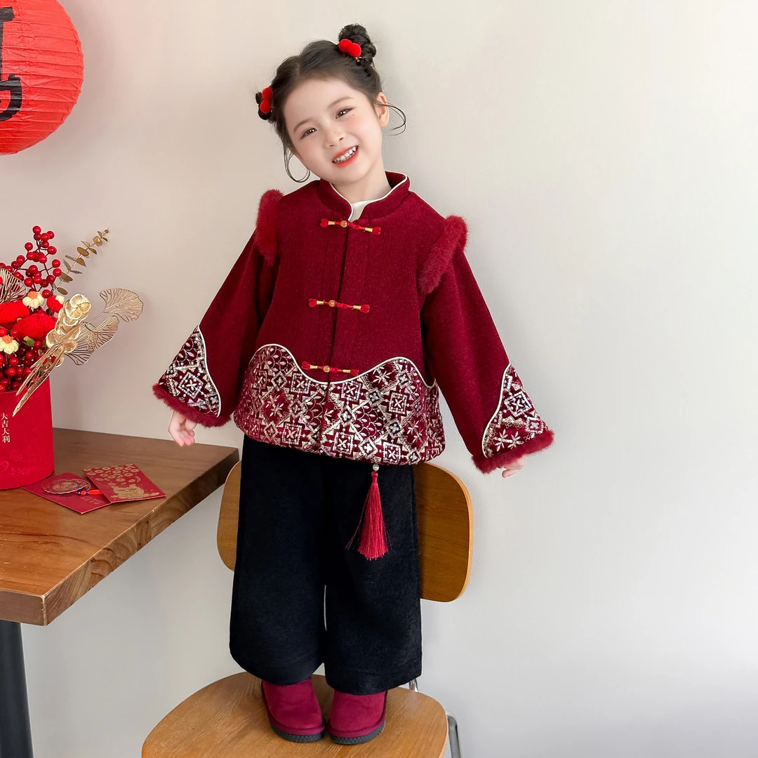 儿童汉服过年拜年服女童新中式国风套装冬装女宝红色喜庆新年衣服