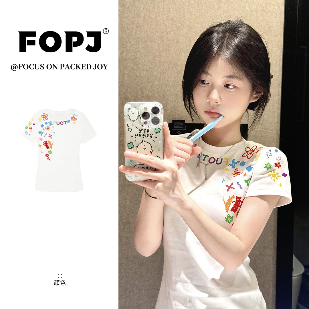 FOPJ夏季新款卡通涂鸦短袖t恤女设计感修身显瘦辣妹风圆领上衣潮