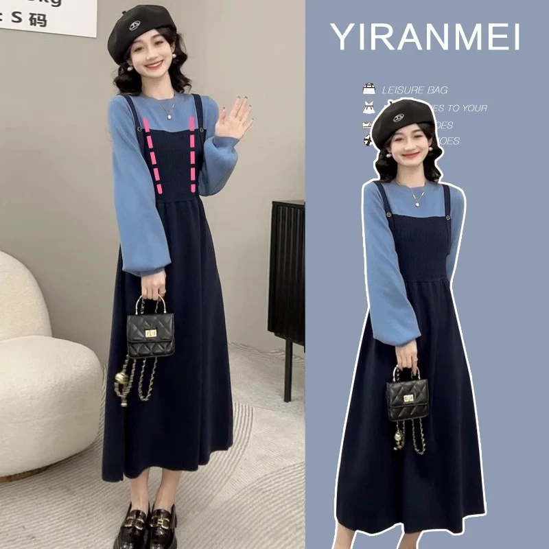 哺乳衣秋季穿搭假两件针织连衣裙辣妈款减龄显瘦产后喂奶衣外出服