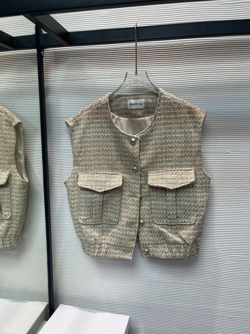 105# 小香风马甲背心粗花呢 单排扣无袖外套