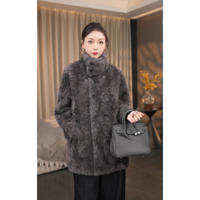 海宁轻奢保暖毛毛立领外套女2025新款春季高级感慵懒风中长款大衣
