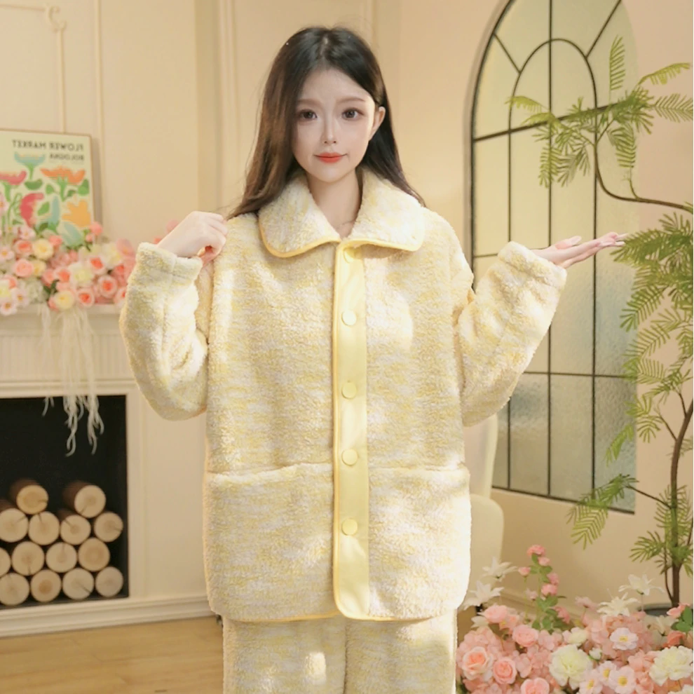 N秋冬新款长袖加绒加厚家居服高颜值柔软睡衣套装