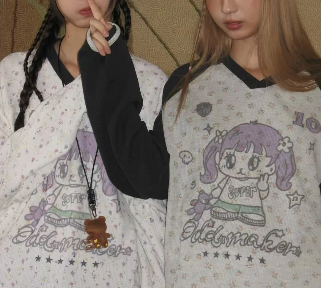 Odd手绘小女孩印花碎花插肩长袖T恤