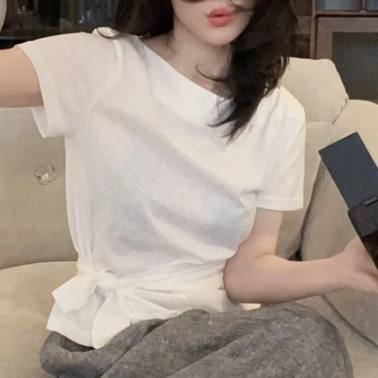洋气拼接绑带收腰显瘦不规则T恤女2025年夏季新款时尚圆领T恤