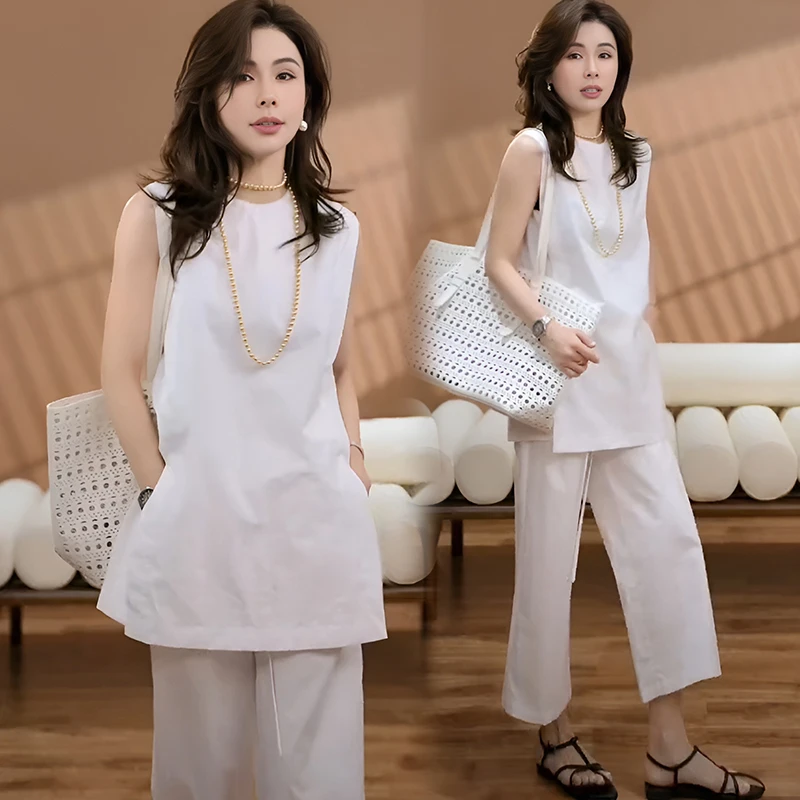 2025夏高级感时尚百搭松弛感外搭清新气质显瘦无袖上衣阔腿裤套装