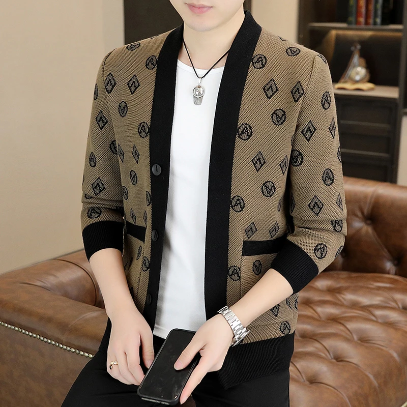 FANCBUDY春秋季时尚潮牌开衫提花毛衣外套男士高端撞色长袖针织衫