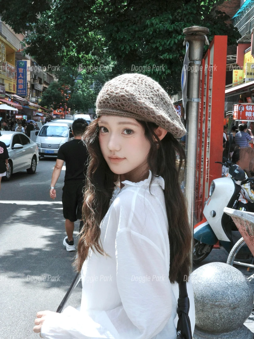 钩针纹理贝雷帽子女纯色马海毛森系百搭显脸小镂空复古