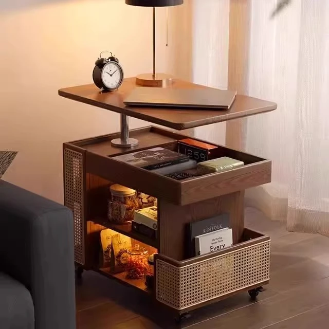 中古风藤编可移动实木边几小茶几桌面可升降旋转沙发边几角几小户