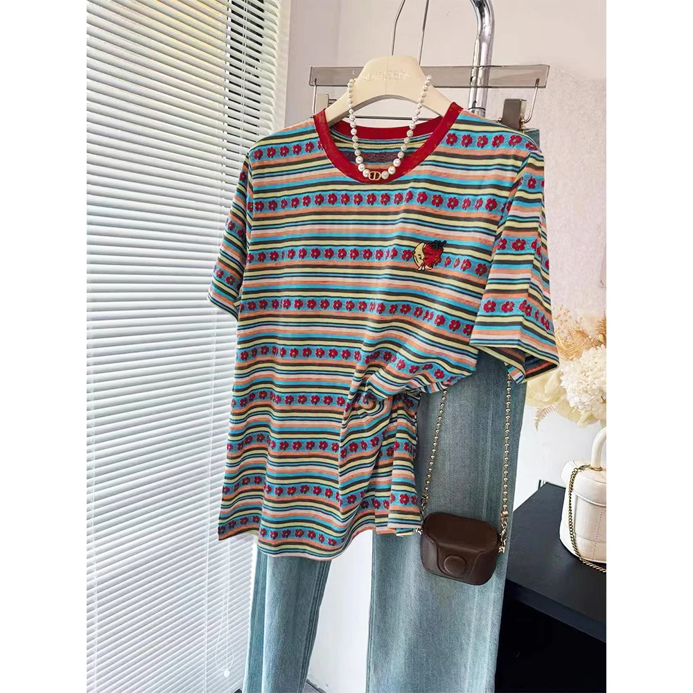 胖妹妹大码240斤独特多巴胺彩色条纹短袖t恤女夏季设计感显瘦上衣