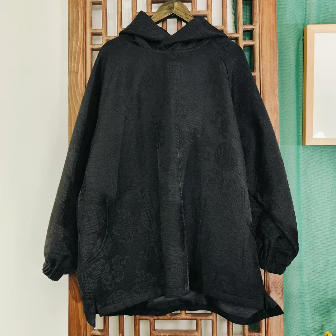 凤徕兮私人定制黑色福禄光板中长款带帽卫衣（LS473-1）单