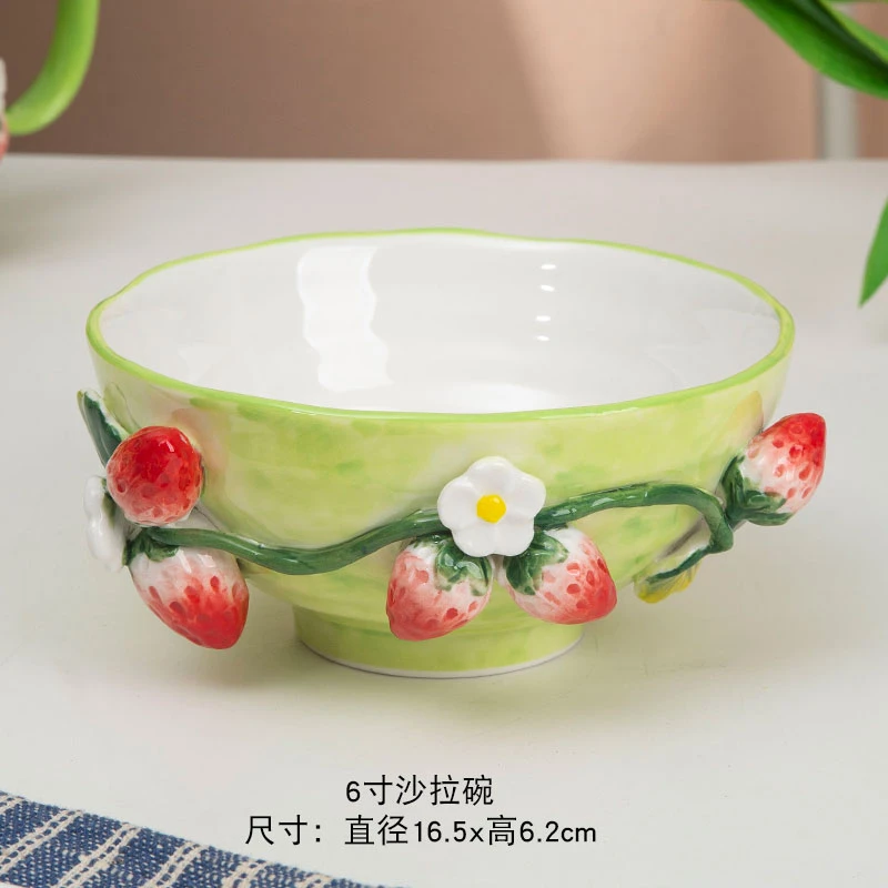 陶瓷手工立体草莓6寸沙拉碗手绘釉下彩陶瓷轻食餐具