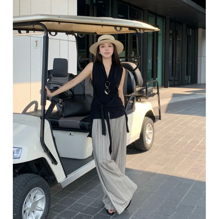 气质高级感套装黑色无袖针织背心女夏季撞色条纹休闲裤长裤两件套