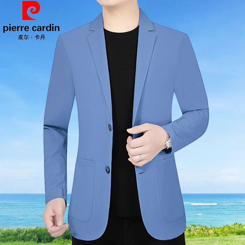 皮尔卡丹春夏男西服中年轻薄款西装外套修身休闲冰丝单层防晒衣潮