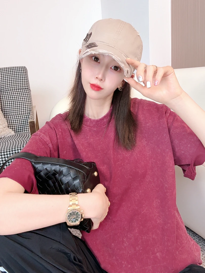 王哈哈女装-【高级 复古红】欧货经典纯色短袖T恤 BB