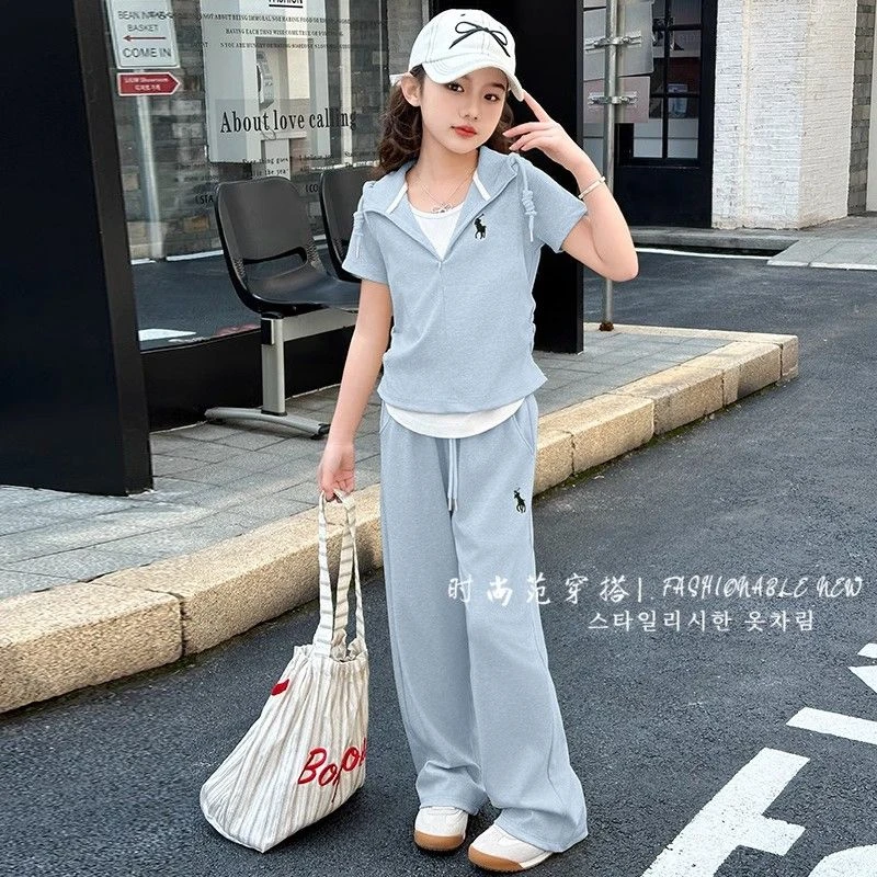 女童夏装套装2025新款洋气中大童假两件拉链短袖夏季运动风两件套