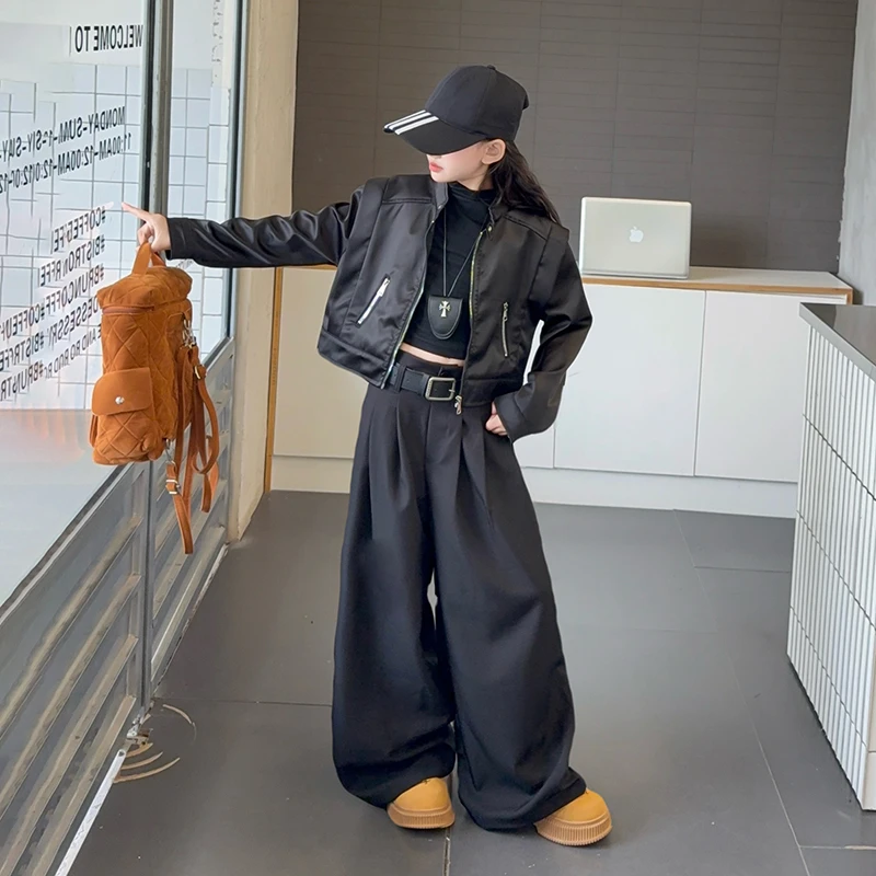 【酷哒仔】女童潮酷范皮衣外套西裤两件套装2025秋季中大童学生套装