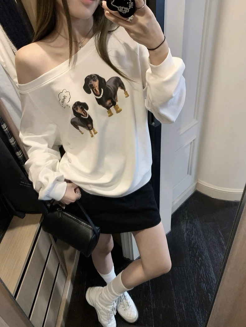 NAN南 狗狗狂想曲白色印花斜肩长袖卫衣女韩系百搭显瘦宽松上衣