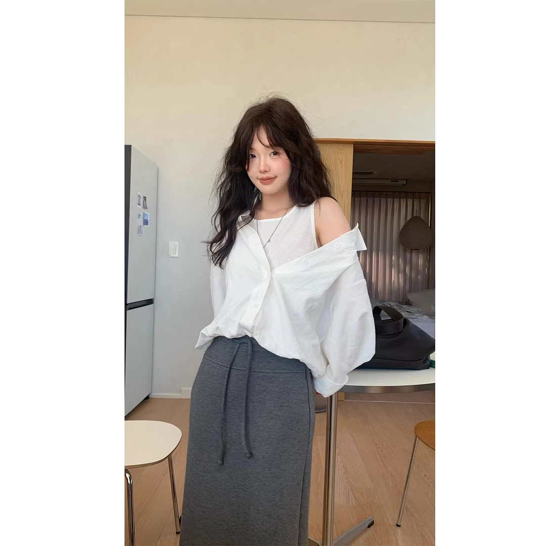 一三良品小个子 假两件～百搭气质通勤衬衫女秋高腰长袖衬衣T5795