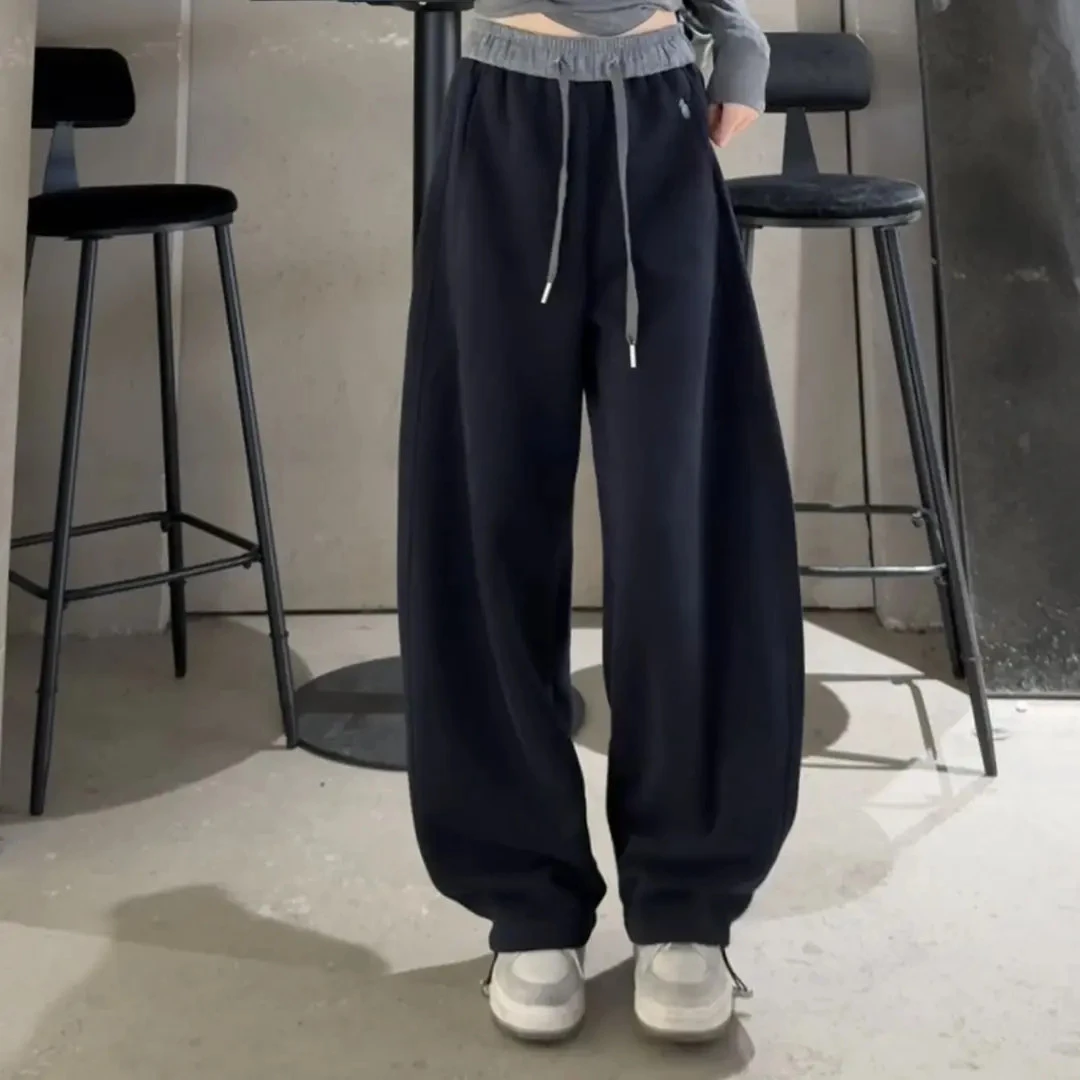 高腰显瘦弯刀阔腿休闲长裤刺绣小标拼色秋季新款百搭