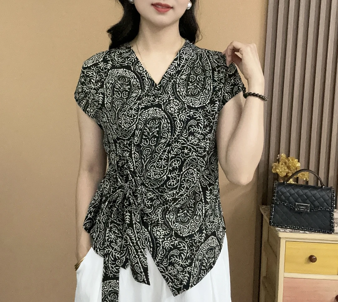 2025夏季新款腰果花休闲洋气短袖气质百搭V领显瘦开衫上衣小衫703