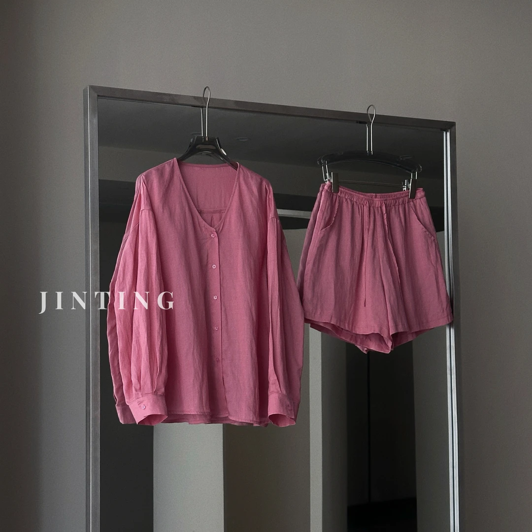 夏季休闲百搭宽松V领显瘦气质舒适时尚麻料套装女-M25212449