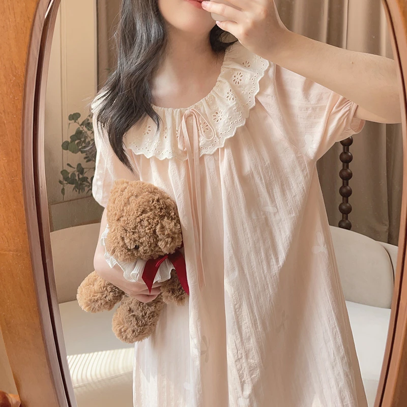 【5779粉白蝶】短袖中长裙印花甜美纯棉春外穿公主家居服睡裙宽松