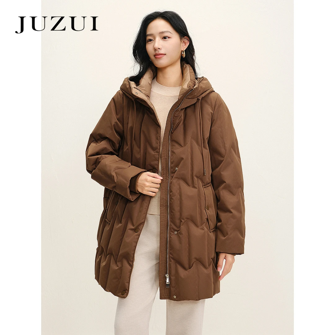 JUZUI玖姿慵懒随性连帽正肩一手长羽绒服女2025冬季新款JWFD03208