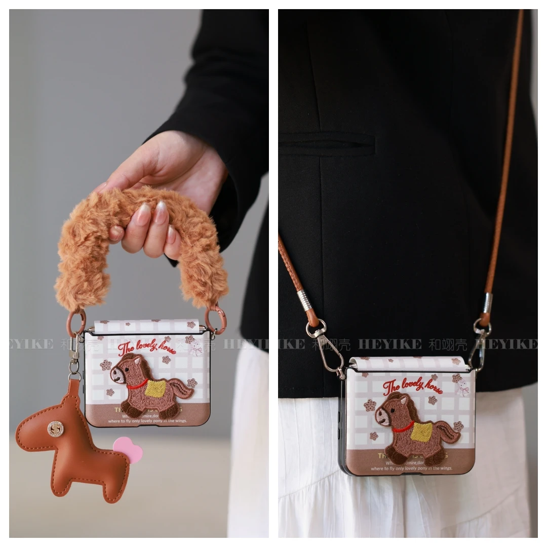 ins浅咖刺绣小马适用华为purax手机壳典藏magicvflip2斜挎pocket2