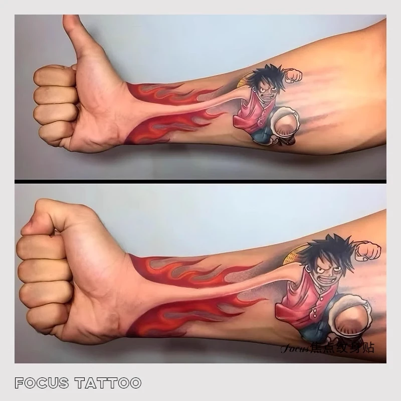 海贼王路飞手臂大图仿真刺青彩色纹身贴男女防水持久潮酷逼真贴纸