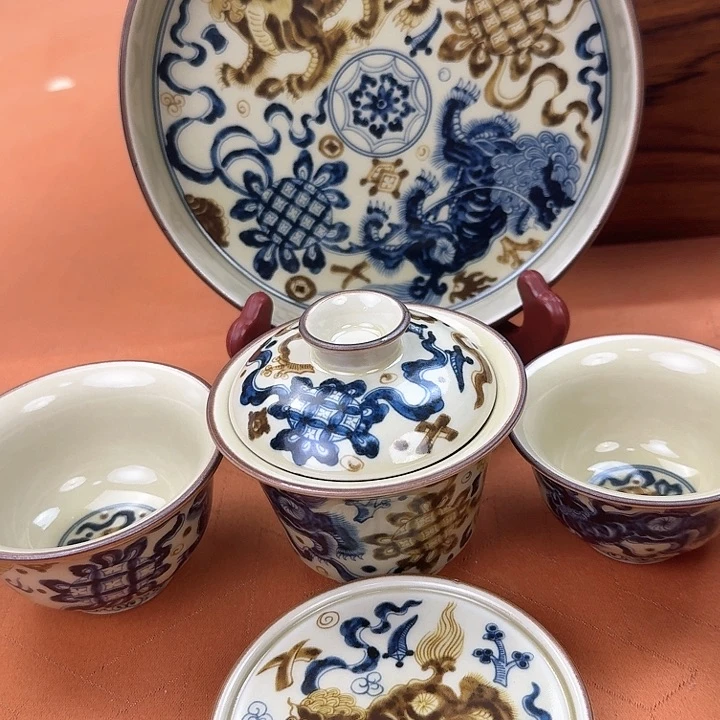 杯釉里金狮子5件套景德镇