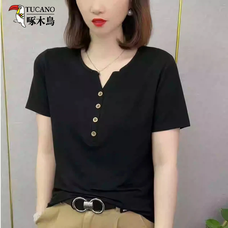 啄木鸟夏装女款纯色纽扣短袖女大码显瘦遮肚T恤设计感小众体恤衫