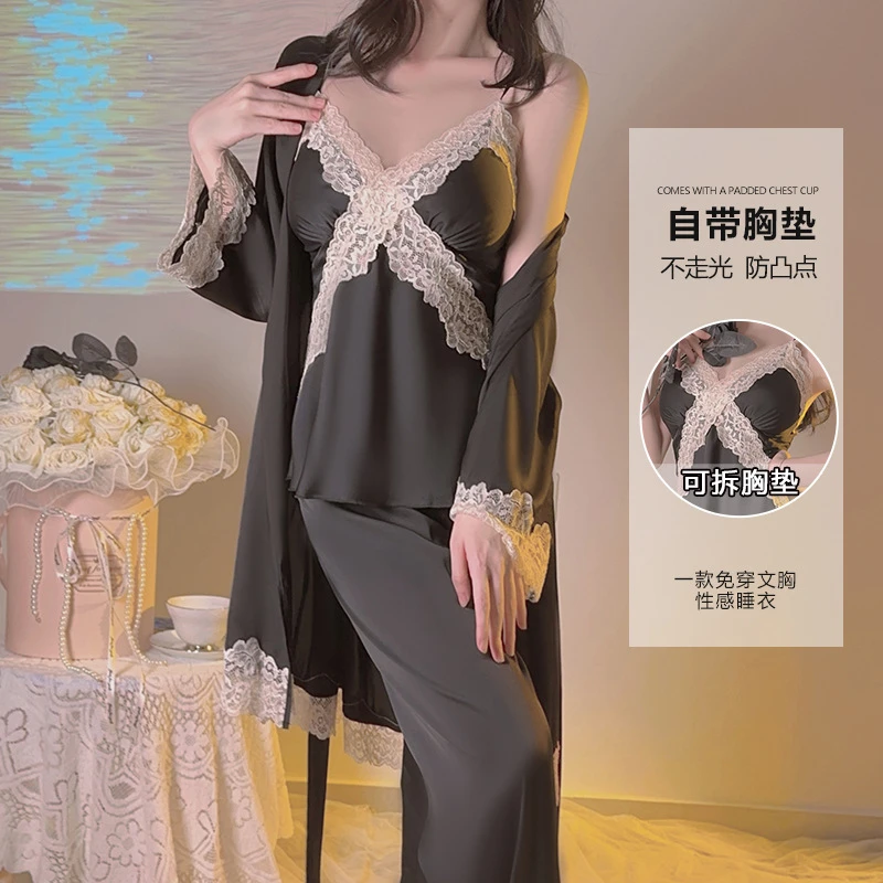 性感网纱胸扣蕾丝睡衣套装钢圈聚拢唯美浪漫轻奢修身睡裙家居服