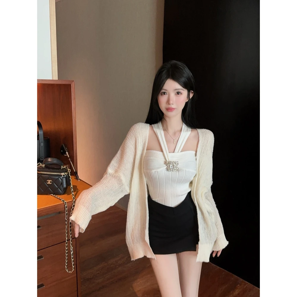 纯欲设计感小众镶钻挂脖吊带毛衣开衫套装韩系温柔入秋衣服显瘦