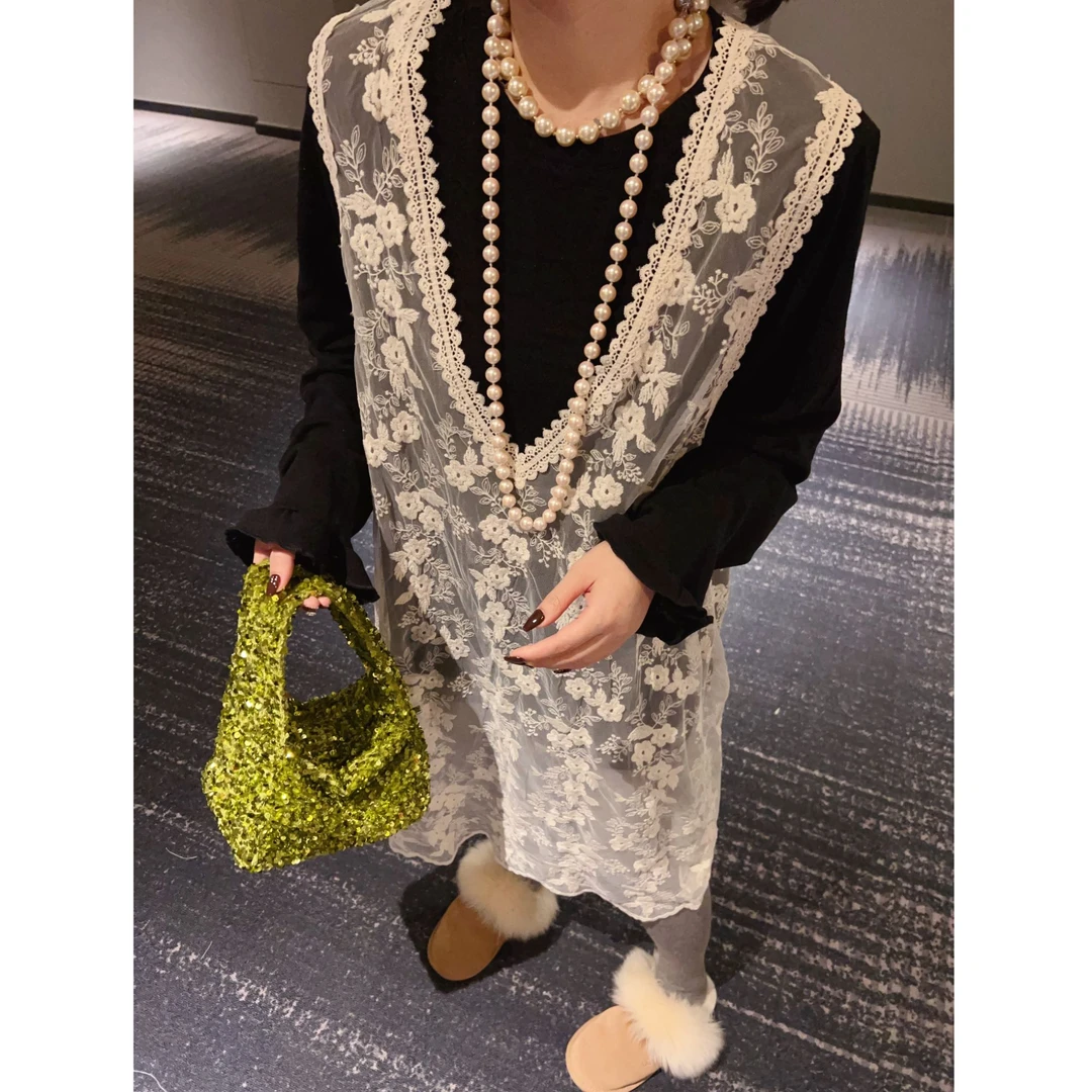 韩系微透勾花蕾丝内搭无袖上衣流行叠穿洋气百搭中长款背心马夹裙