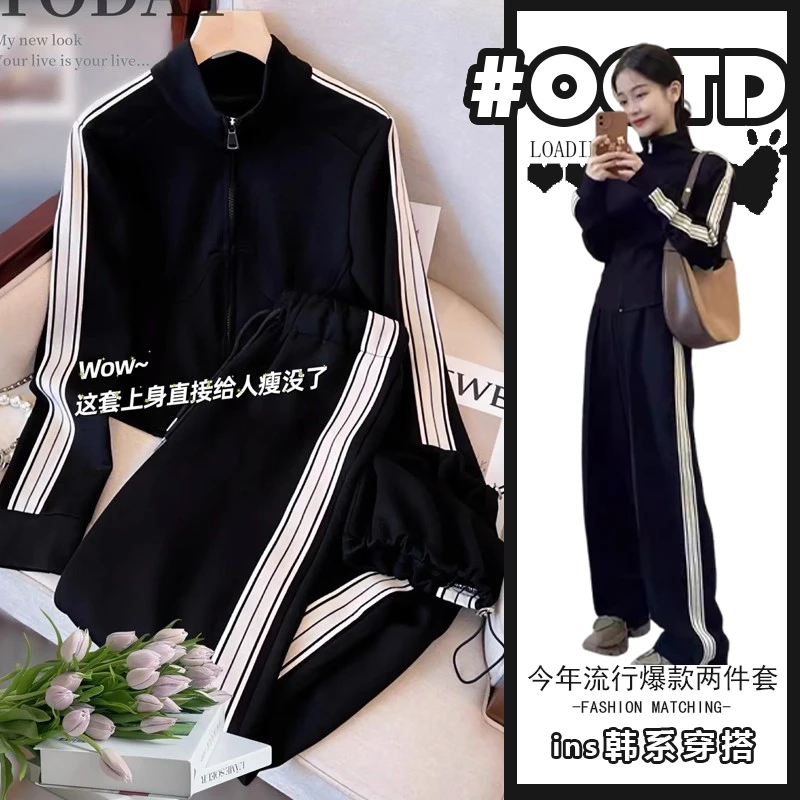 宽松休闲运动套装女2025新款韩版拉链外套上衣时尚高腰显瘦阔腿裤