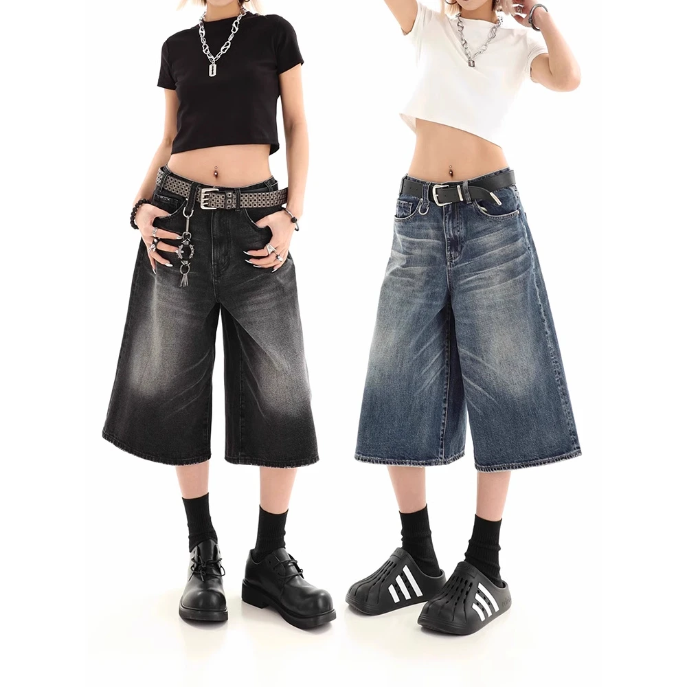 美式复古宽松七分牛仔短裤女春季新款设计感阔腿中裤-FYQ8816