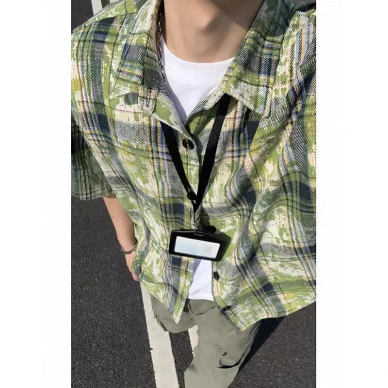 牛油果绿扎染格子短袖衬衫男款夏季情侣装t恤vintage叠穿潮流外套