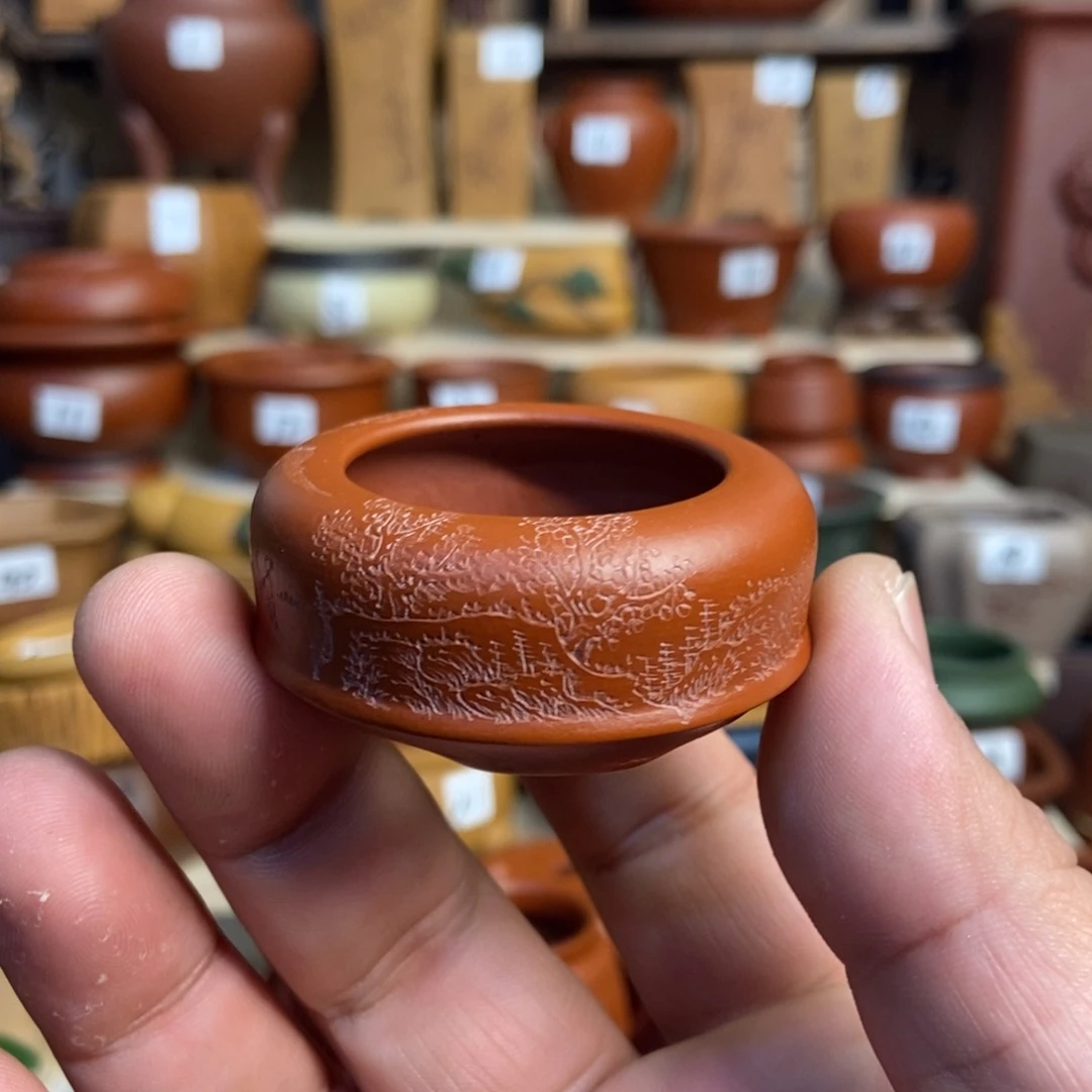 紫砂花盆孙伟手拉胚带刻绘，内口经尺寸3×1.5